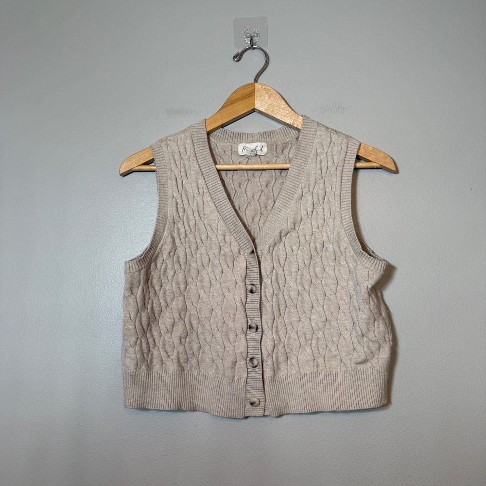 Marle Beige Cable Knit Button Front V-Neck Sweater Vest XL Cropped Tan Knit Top